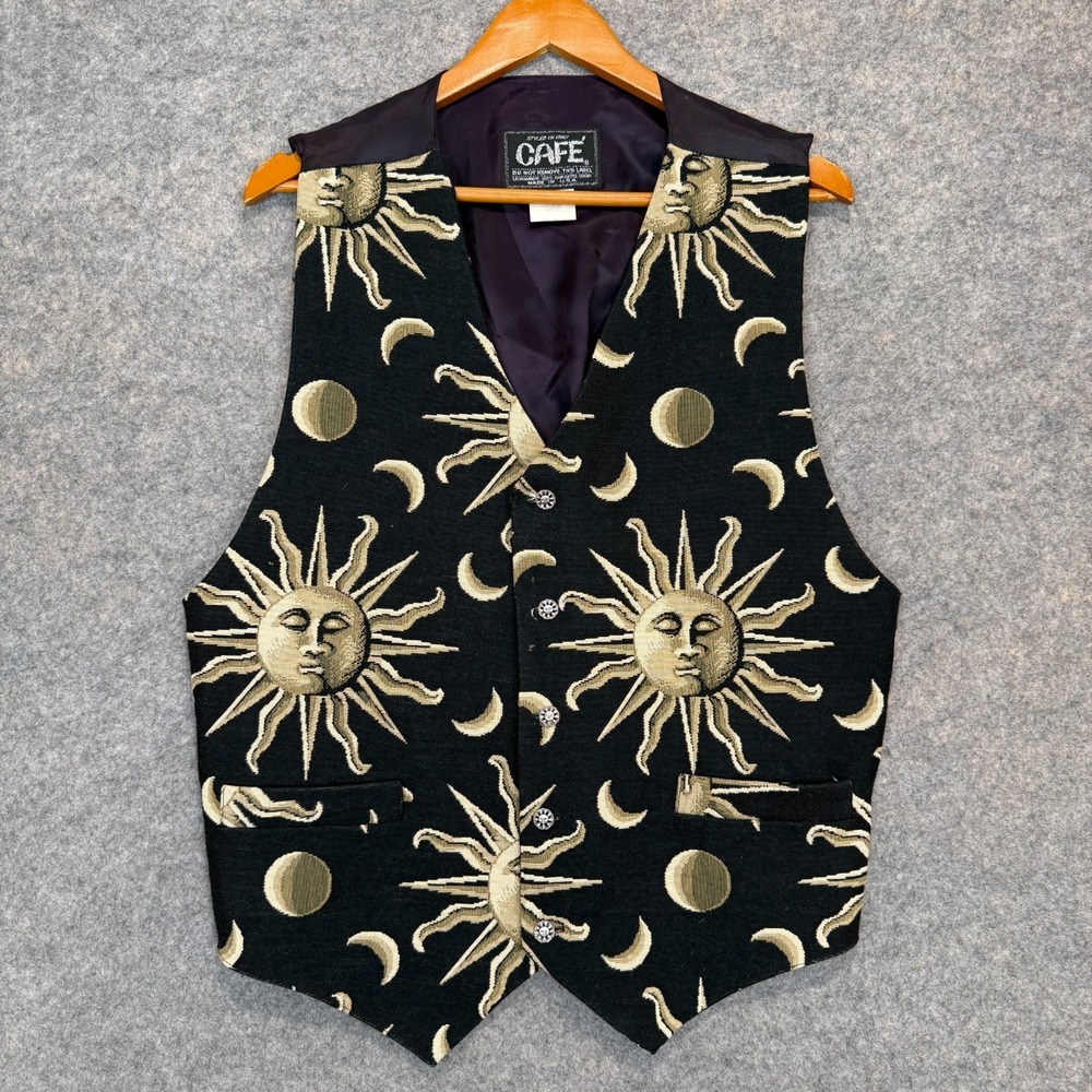 Vintage CAFE Sun Moon Tapestry Vest Jacket Mens Medium ? Graphic Button Lined